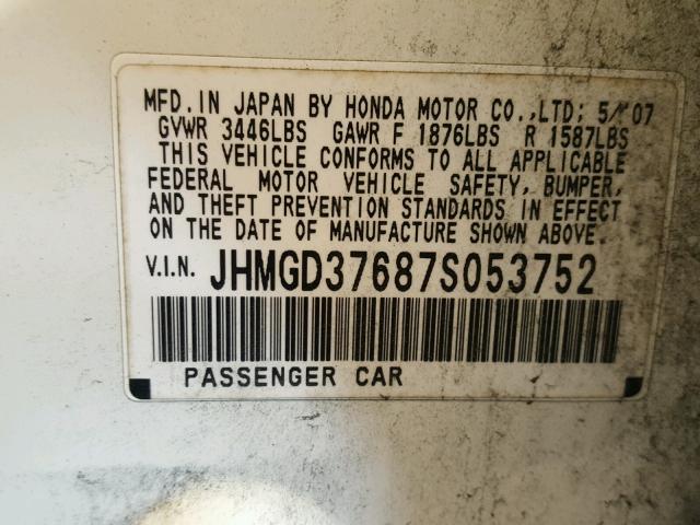 JHMGD37687S053752 - 2007 HONDA FIT S WHITE photo 10