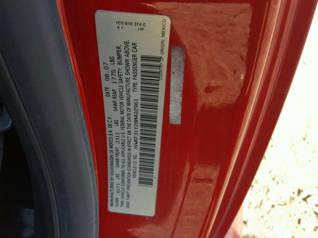 3VWRF31Y28M402961 - 2008 VOLKSWAGEN NEW BEETLE 红色 照片 10