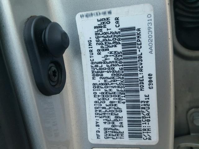 4T1BE32K62U610535 - 2002 TOYOTA CAMRY LE ვერცხლისფერი ფოტო 10
