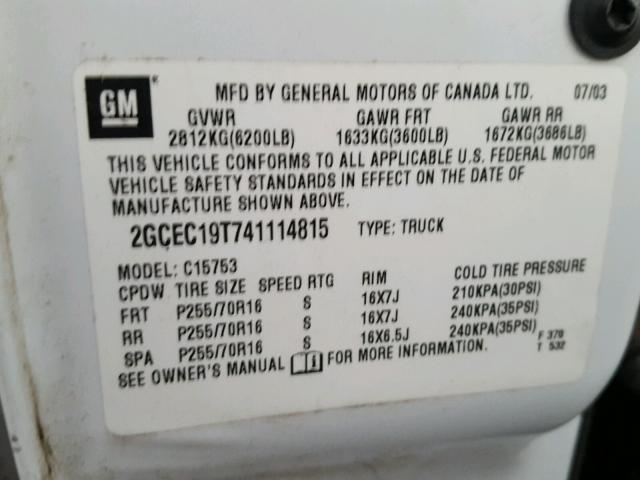 2GCEC19T741114815 - 2004 CHEVROLET SILVERADO WHITE photo 10