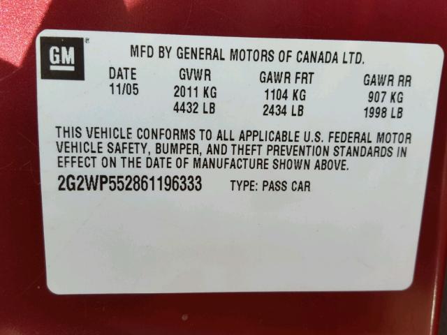 2G2WP552861196333 - 2006 PONTIAC GRAND PRIX BURGUNDY photo 10