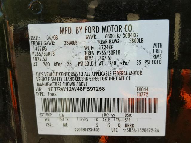 1FTRW12W48FB97258 - 2008 FORD F150 SUPER BLACK photo 10