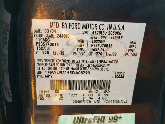 1FMYU93155DA08798 - 2005 FORD ESCAPE XLT BLUE photo 10