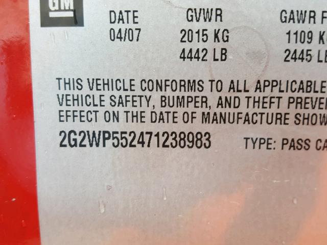 2G2WP552471238983 - 2007 PONTIAC GRAND PRIX RED photo 10