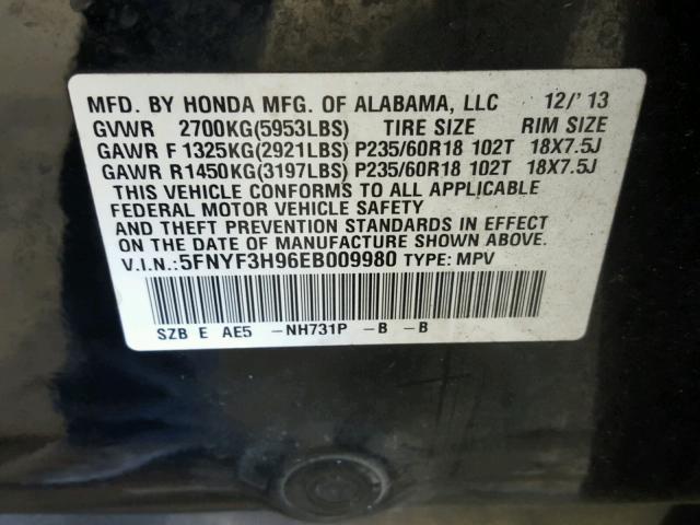 5FNYF3H96EB009980 - 2014 HONDA PILOT TOUR BLACK photo 10