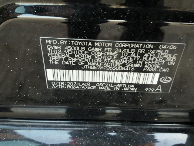 JTHBE262265008416 - 2006 LEXUS IS 350 BLACK photo 10