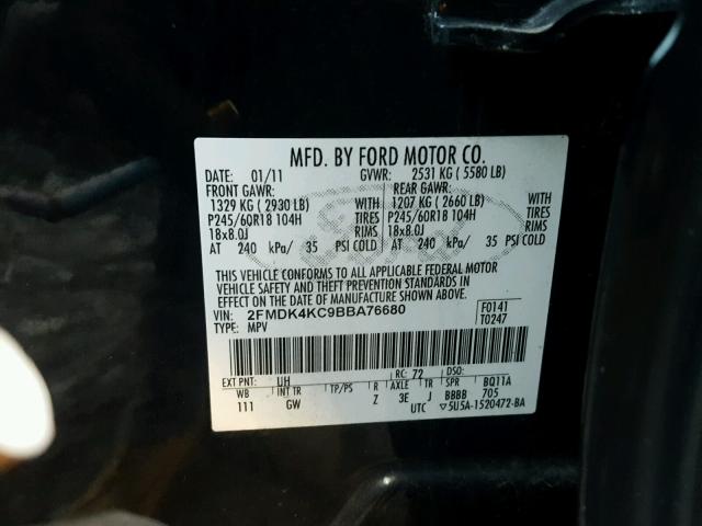 2FMDK4KC9BBA76680 - 2011 FORD EDGE LIMIT BLACK photo 10