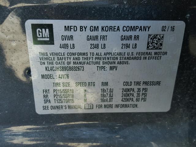 KL4CJHSB9GB632673 - 2016 BUICK ENCORE PRE GRAY photo 10