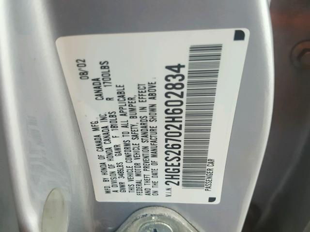 2HGES26702H602834 - 2002 HONDA CIVIC EX 银色 照片 10