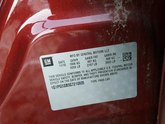 1G1PG5SB5G7210805 - 2016 CHEVROLET CRUZE LIMI MAROON photo 10