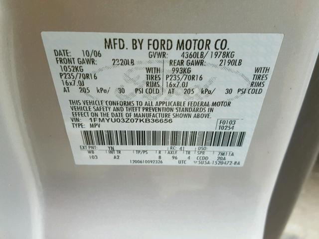 1FMYU03Z07KB36656 - 2007 FORD ESCAPE XLT SILVER photo 10