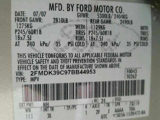 2FMDK39C97BB44953 - 2007 FORD EDGE SEL P TAN photo 10