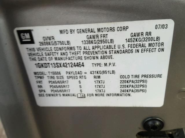 1GKDT13SX42124464 - 2004 GMC ENVOY SILVER photo 10