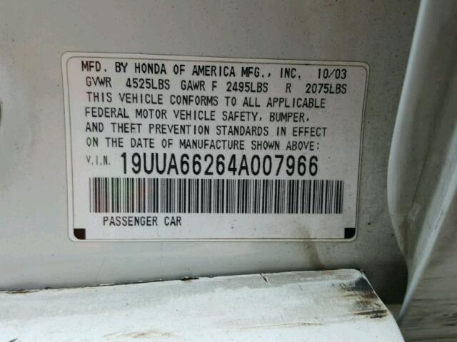 19UUA66264A007966 - 2004 ACURA TL WHITE photo 10