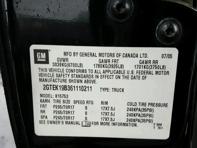 2GTEK19B361110211 - 2006 GMC NEW SIERRA BLACK photo 10