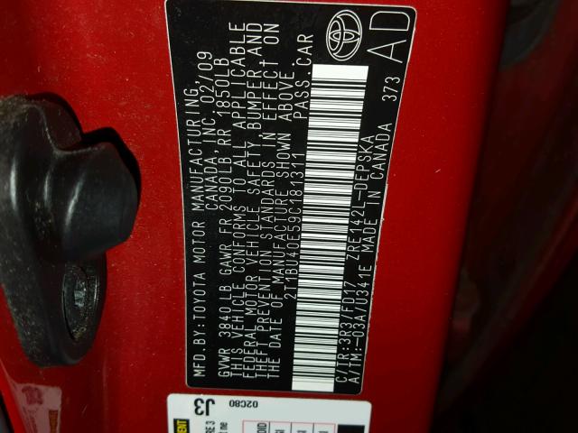 2T1BU40E59C181311 - 2009 TOYOTA COROLLA BA RED photo 10