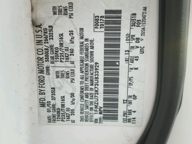 1FMZU73K73UB33929 - 2003 FORD EXPLORER X WHITE photo 10