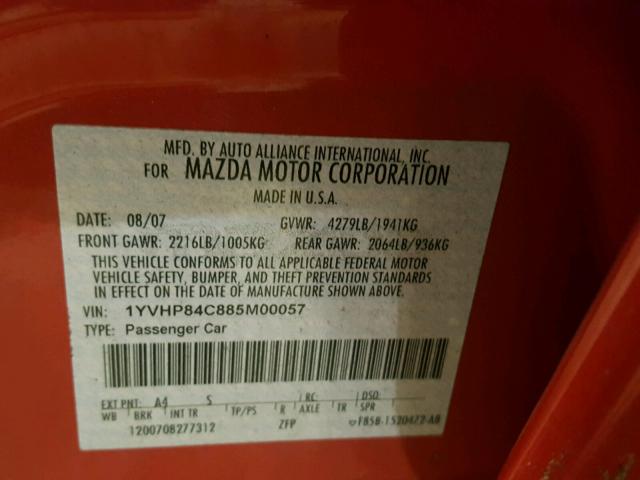 1YVHP84C885M00057 - 2008 MAZDA 6 I RED photo 10