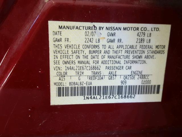 1N4AL21E67C168662 - 2007 NISSAN ALTIMA 2.5 BURGUNDY photo 10