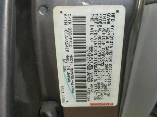 JT2BF22K2X0180702 - 1999 TOYOTA CAMRY LE GRAY photo 10