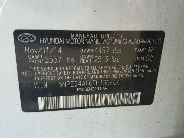 5NPE24AF6FH130404 - 2015 HYUNDAI SONATA SE WHITE photo 10