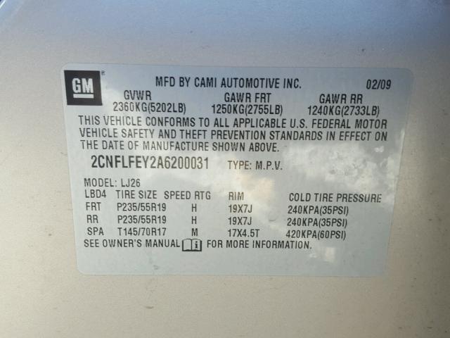 2CNFLFEY2A6200031 - 2010 CHEVROLET EQUINOX LT BEIGE photo 10