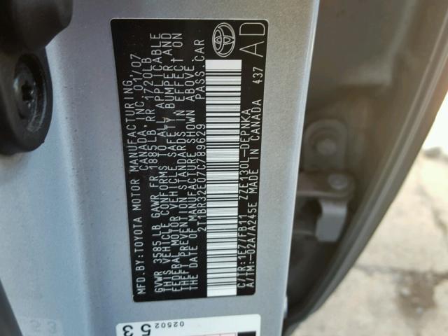 2T1BR32E07C789629 - 2007 TOYOTA COROLLA CE SILVER photo 10