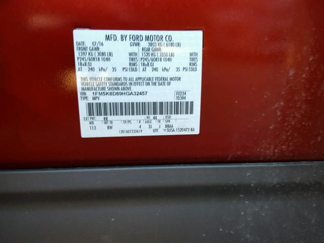 1FM5K8D89HGA32457 - 2017 FORD EXPLORER X RED photo 10