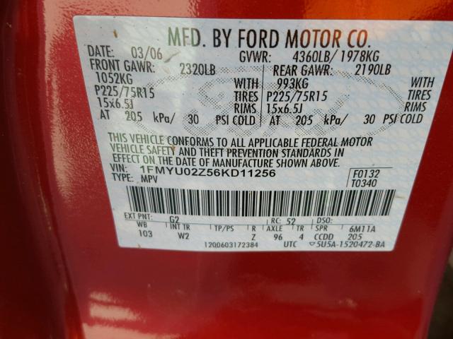 1FMYU02Z56KD11256 - 2006 FORD ESCAPE XLS RED photo 10