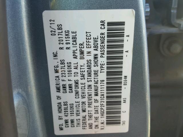 1HGCP2F31CA111176 - 2012 HONDA ACCORD LX BLUE photo 10