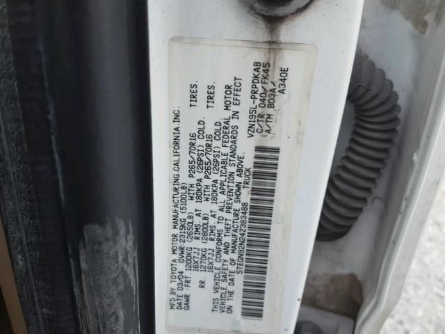 5TEGN92N24Z383488 - 2004 TOYOTA TACOMA DOU WHITE photo 10