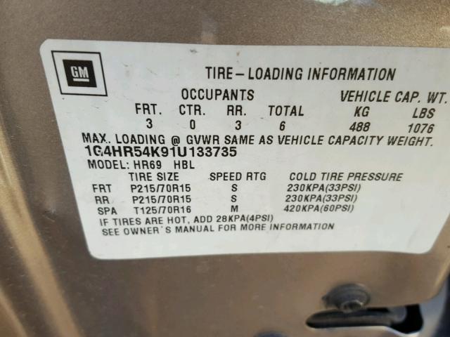 1G4HR54K91U133735 - 2001 BUICK LESABRE LI BEIGE photo 10