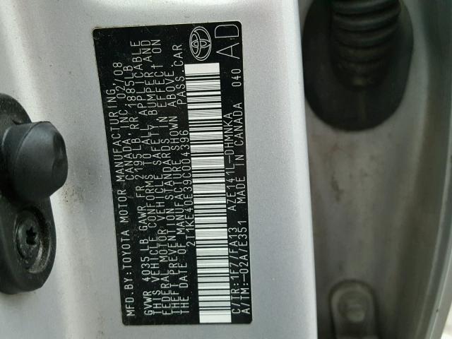 2T1KE40E39C004396 - 2009 TOYOTA COROLLA MA SILVER photo 10