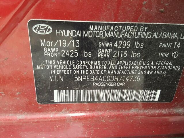 5NPEB4AC0DH714736 - 2013 HYUNDAI SONATA GLS RED photo 10