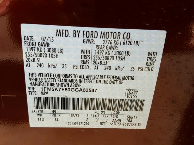 1FM5K7F80GGA60587 - 2016 FORD EXPLORER L BURGUNDY photo 10