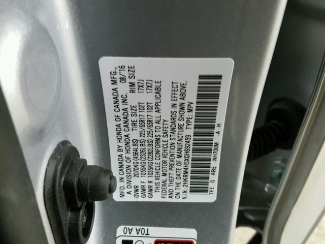 2HKRM4H5XGH692459 - 2016 HONDA CR-V EX SILVER photo 10