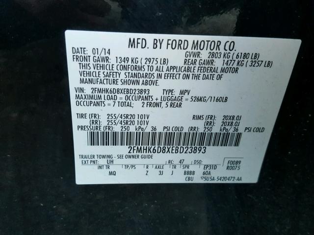 2FMHK6D8XEBD23893 - 2014 FORD FLEX LIMIT BLACK photo 10