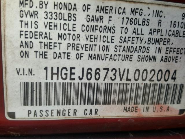 1HGEJ6673VL002004 - 1997 HONDA CIVIC LX RED photo 10