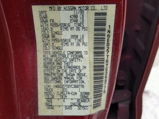 1N6ED27T6YC368776 - 2000 NISSAN FRONTIER C RED photo 10