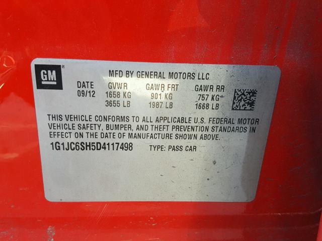 1G1JC6SH5D4117498 - 2013 CHEVROLET SONIC LT Qırmızı foto 10