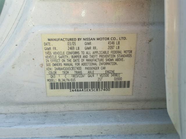 1N4BA41EX5C857400 - 2005 NISSAN MAXIMA SE WHITE photo 10