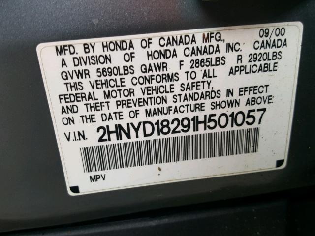 2HNYD18291H501057 - 2001 ACURA MDX GRAY photo 10