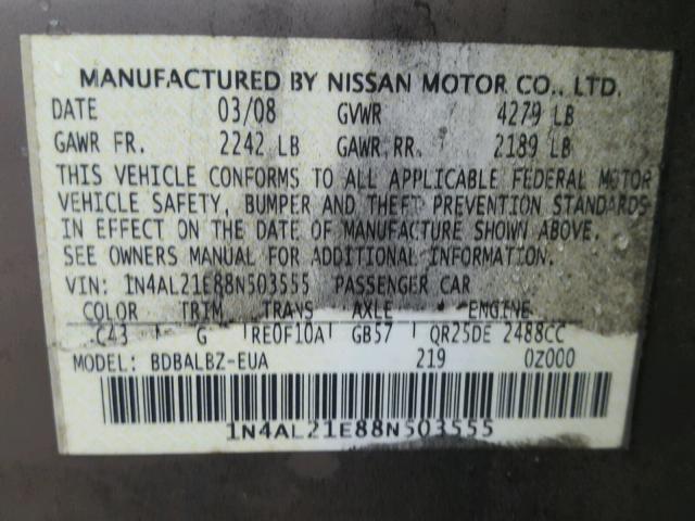 1N4AL21E88N503555 - 2008 NISSAN ALTIMA 2.5 GRAY photo 10