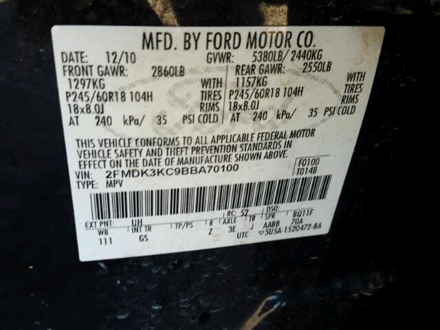 2FMDK3KC9BBA70100 - 2011 FORD EDGE LIMIT BLACK photo 10