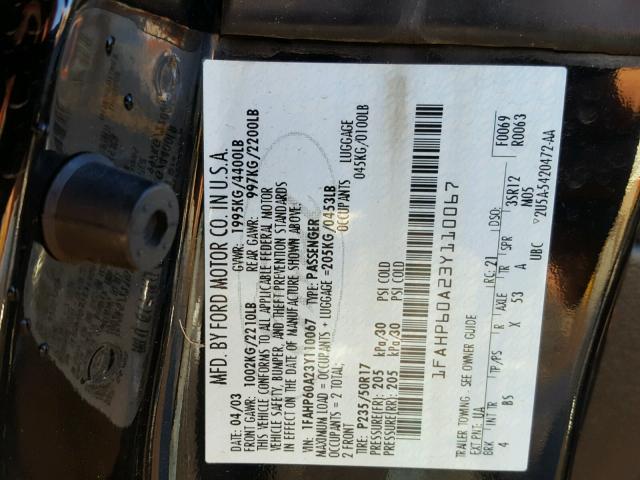 1FAHP60A23Y110067 - 2003 FORD THUNDERBIR BLACK photo 10