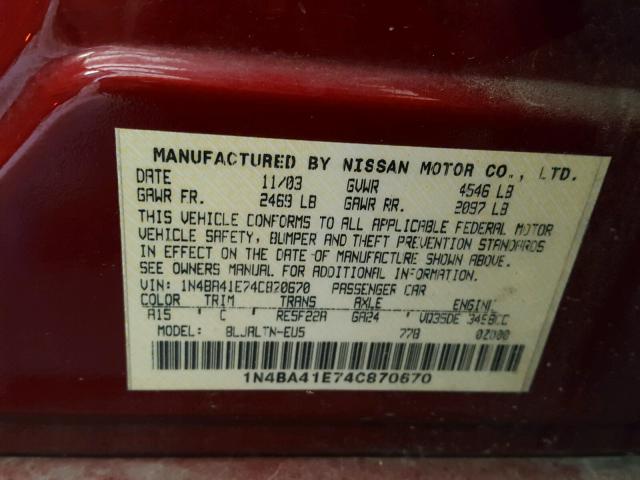 1N4BA41E74C870670 - 2004 NISSAN MAXIMA SE MAROON photo 10