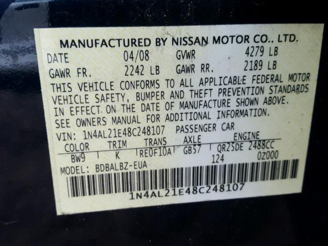 1N4AL21E48C248107 - 2008 NISSAN ALTIMA 2.5 BLUE photo 10