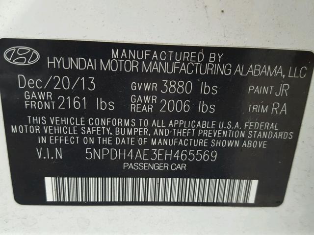 5NPDH4AE3EH465569 - 2014 HYUNDAI ELANTRA SE WHITE photo 10