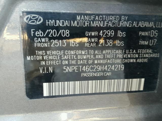 5NPET46C29H424219 - 2009 HYUNDAI SONATA GLS GRAY photo 10