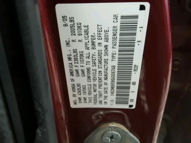 1HGCM66596A006746 - 2006 HONDA ACCORD EX RED photo 10